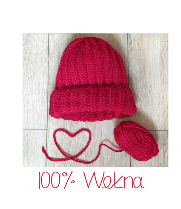 Czerwona gruba ciepła czapka beanie rękodzieło handmade