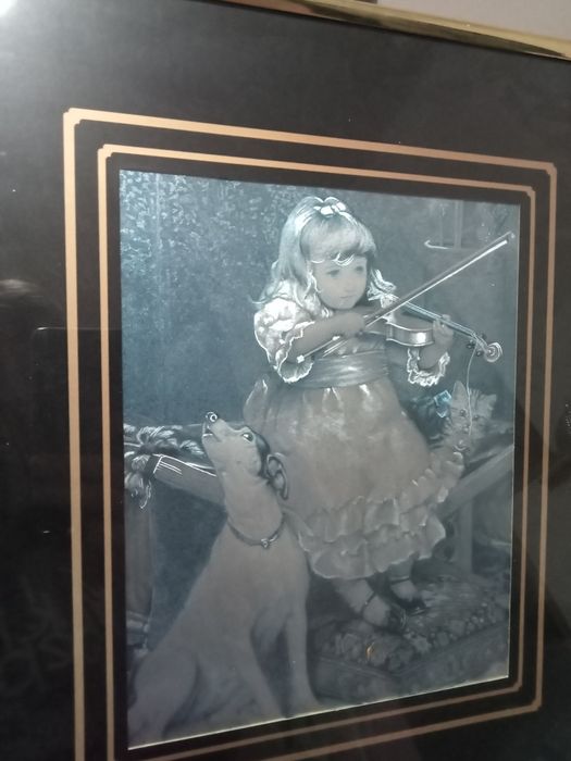 Obraz obrazek grafika dziewczynka ze skrzypcami, kotem i psem