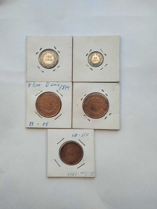Cinco Moedas de D. Luís I Duas em Prata Tres Em Cobre