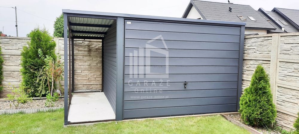 GARAŻ BLASZANY 3x5 + wiata 1m. spad tył - Brama antracyt grafit ID162