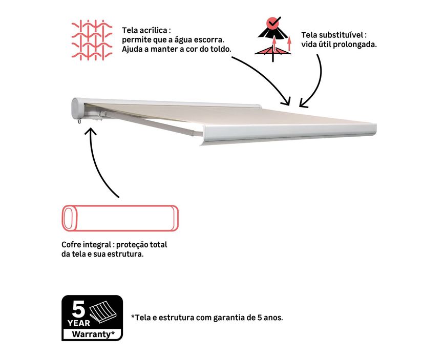 Toldo novo manual caixa integral branco 3.95x3 m tela bege da Naterial.
