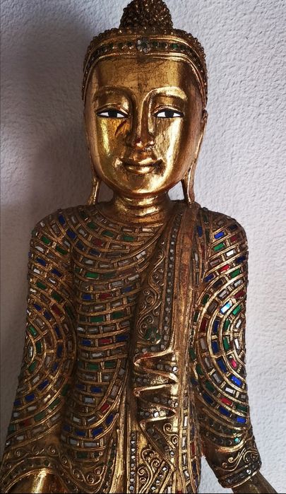 RARA, ANTIGA estátua figura Buda Budha  madeira talha dourada. Grande!