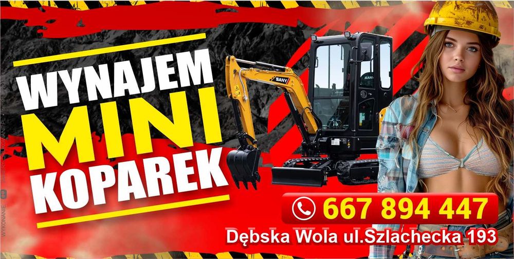 WYNAJEM Mini Koparka Minikoparek Młot Wiertnica Chwytak WOZIDŁO