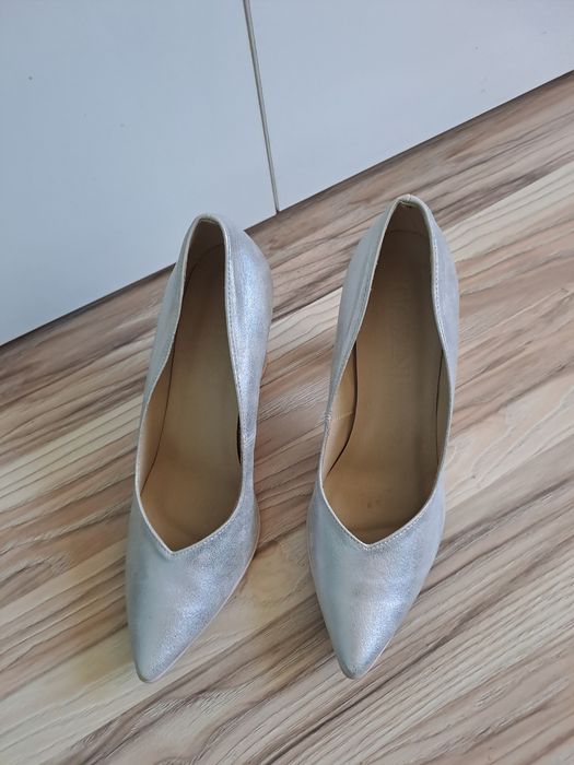 Buty na obcasie srebrne szpilki obcasy błyszczące rozmiar 41