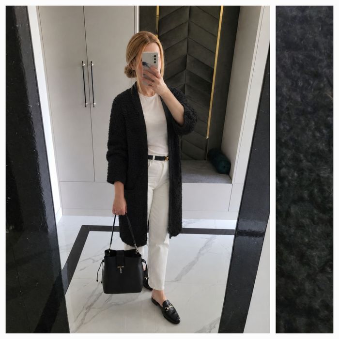 Kardigan 36 S M sweter płaszcz COS 100% wełna bouclé czarny guziki