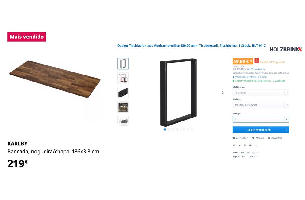 Secretária / Mesa de Escritório - Tampo em Nogueira (IKEA Karlby) + Pés em Aço