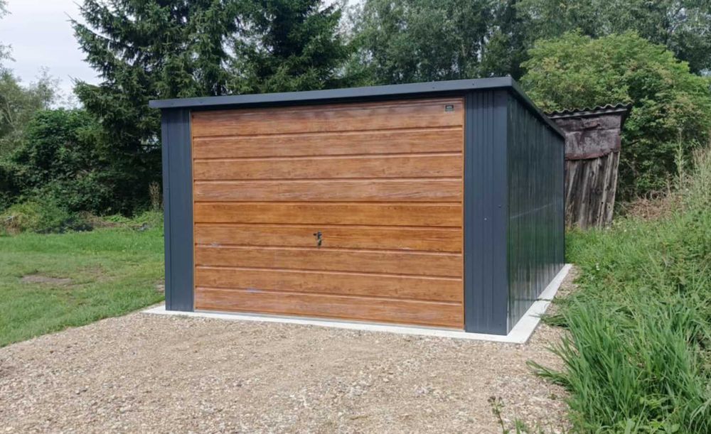 Garaż blaszany 3x5 Spad na tył Grafit + Złoty Dąb Montaż gratis