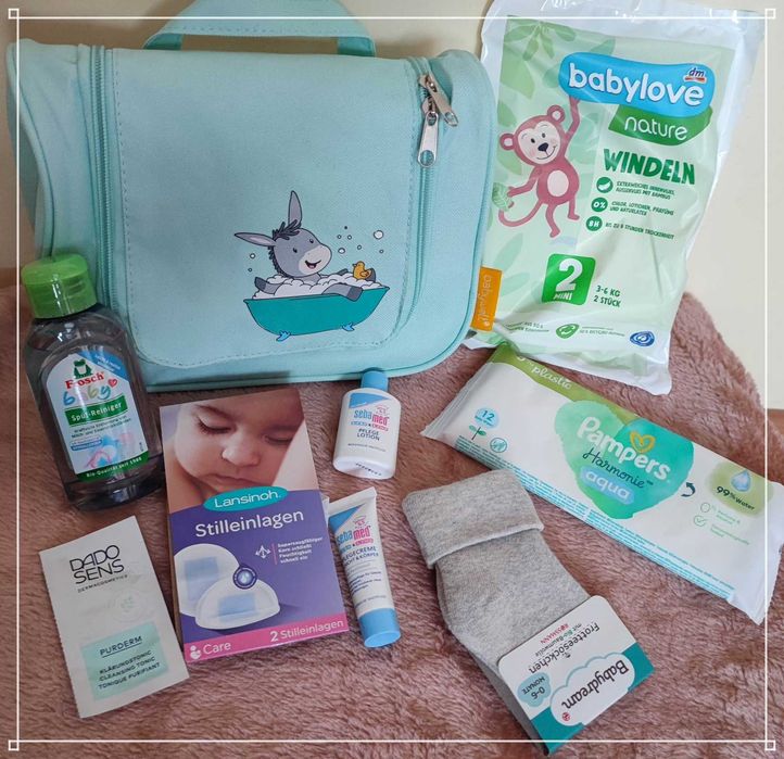 Kosmetyczka  z różnymi produktami dla dzieci i mam DE