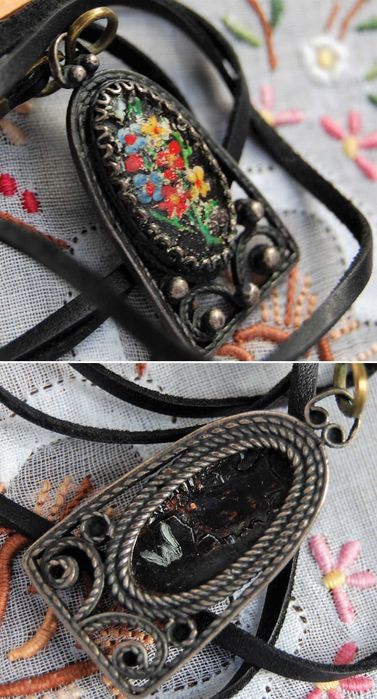 Stary wisior filigran, mosiądz, malowany, kwiaty, vintage