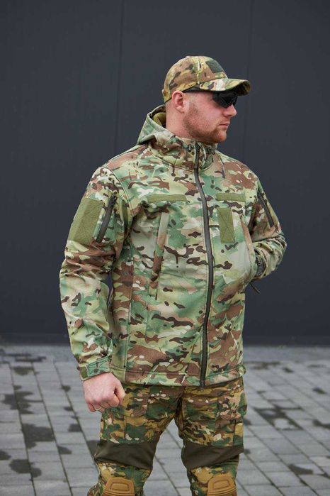 Тактична військова чоловіча куртка Soft Shell Мультикам Military на флісі S-5XL