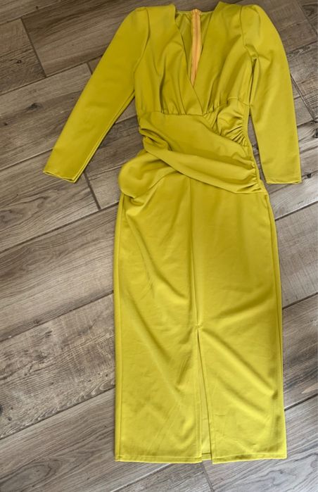 Vestido Midi Amarelo Lima com Draping | Novo sem etiquetas