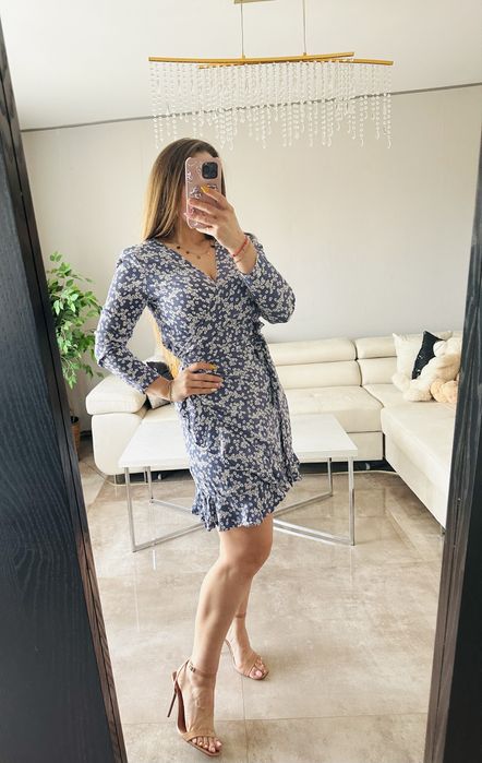 Kopertowa midi sukienka w kwiaty, falbanka, wiskoza, S, M, L