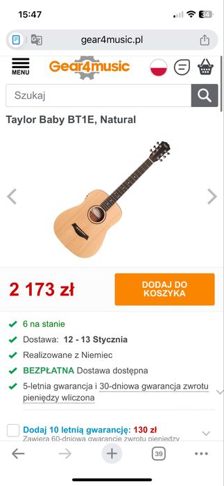Gitara baby taylor BT1 rozmiar 3/4 elektroakustyczna z pokrowcem