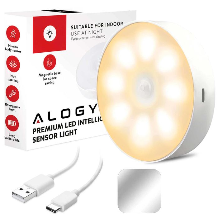 Lampka LED z Czujnikiem Ruchu Nocna Bezprzewodowa Ciepła 3000K USB 8cm
