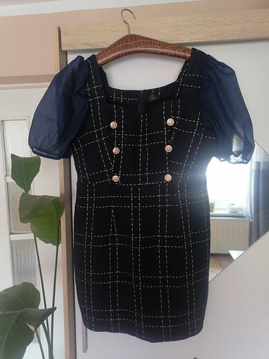 Elegancka sukienka granatowo zlota guziki komunia 44