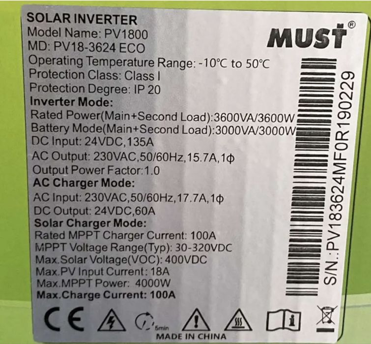Гібридний інвертор MUST PV-18 3624ECO, 3600W, 24v, струм заряду 60 А