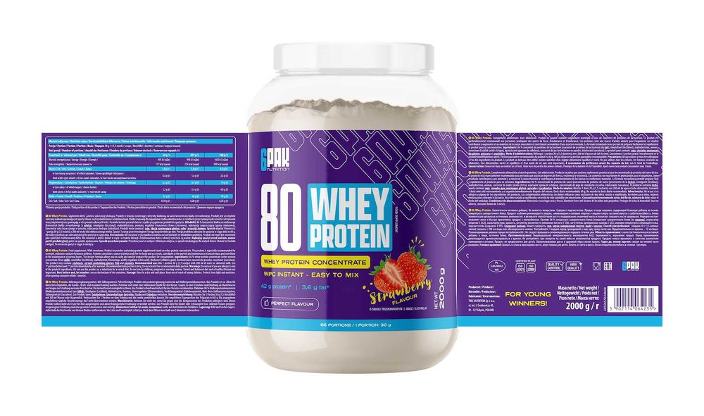6PAK 80 Whey Protein 2000g Białko WPC Odżywka Białkowa Truskawkowa