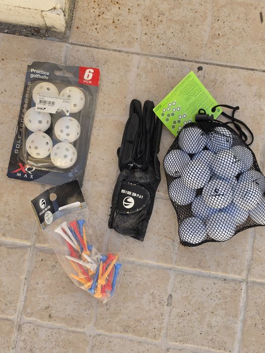 Saco de golf  + tacos+ bolas + luva  + pinos