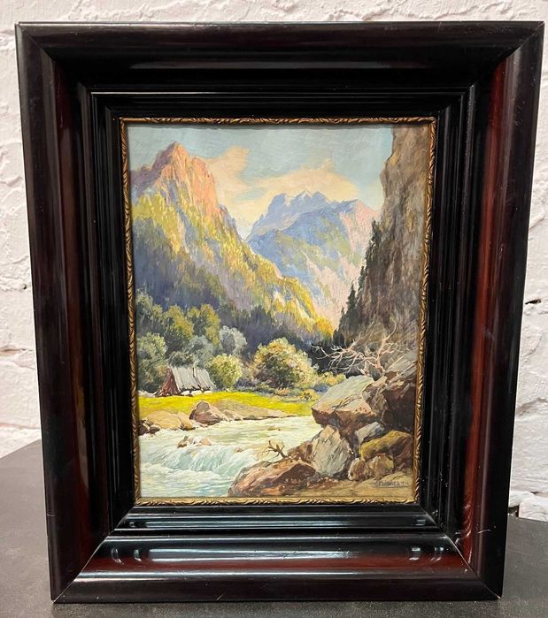 Piękny pejzaż - Alpy 32x26x5cm Karl Flieher 1942r.