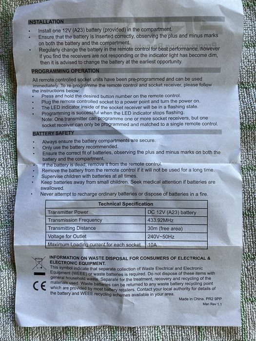 PRO-ELEC Gniazdko na pilota,wersja angielska
