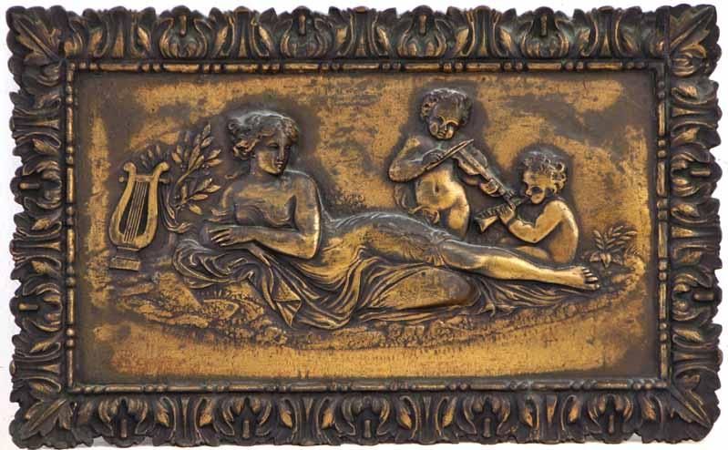 Placa em Cobre Figura Feminina e Qerubins em relevo (Lote 2 unidades)