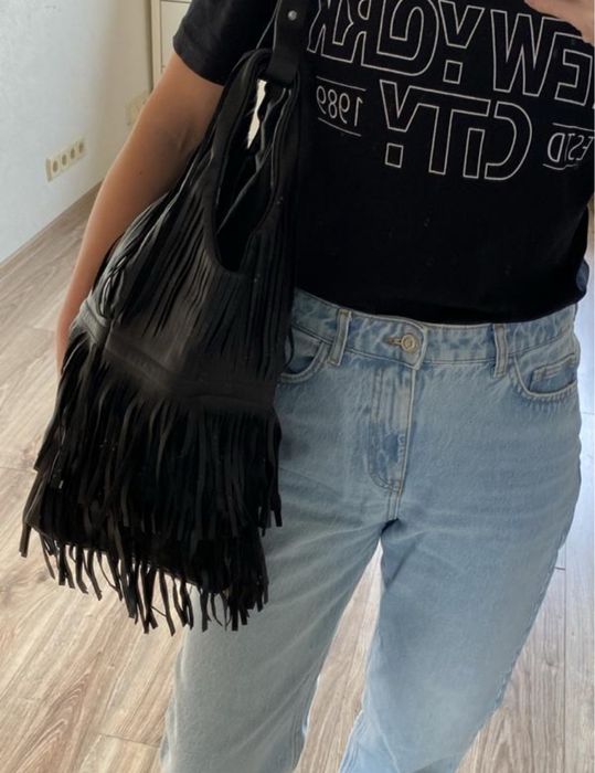 Шкіряна велика сумка Zara з бахромою