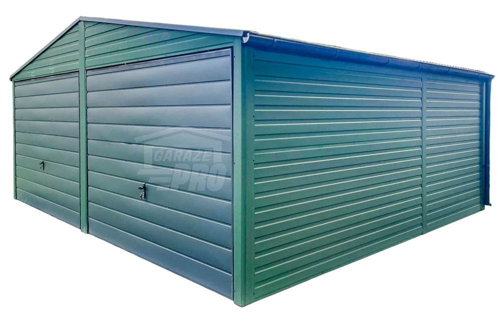 Garaż Blaszany 6x6m 2x Bramy uchylne Zielony Antracyt rynny GP414
