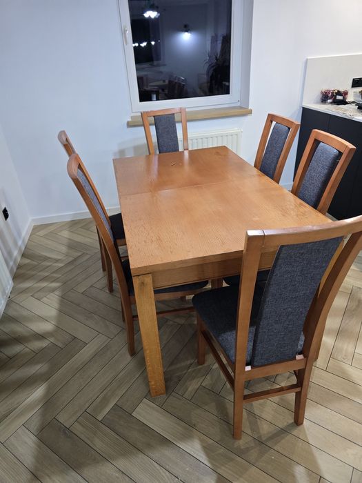 Stół z krzesłami 6 szt brązowy szary rozkładany 270x90