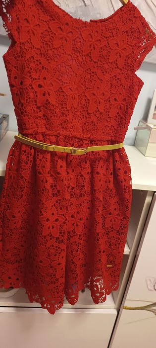 Święta Elegancka Koronkowa Sukienka czerwona dla dziewczynki 140 cm