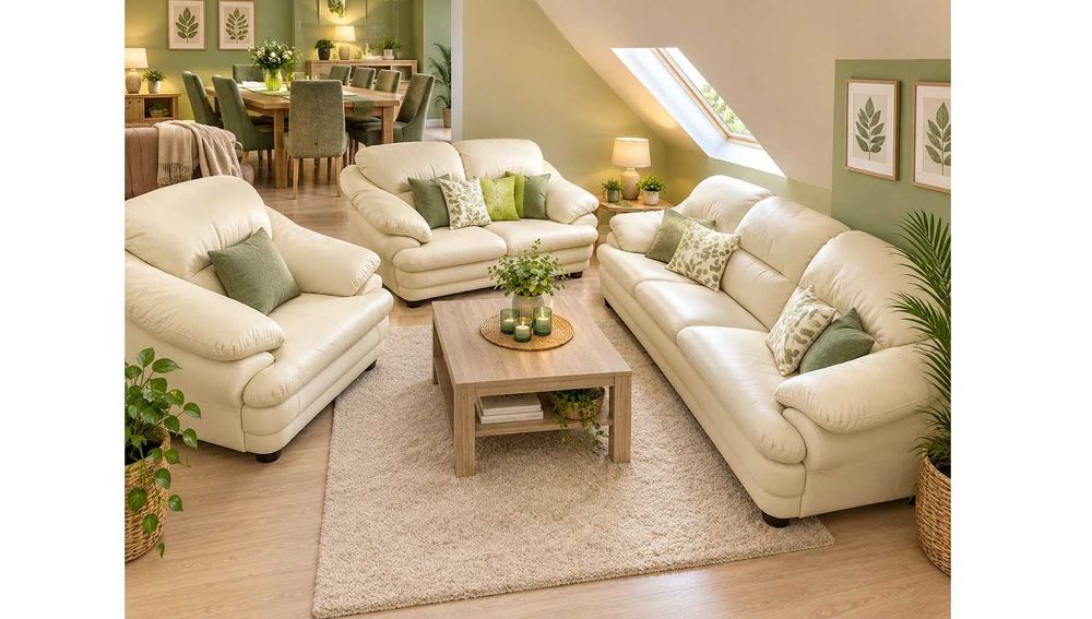 Nowy Komplet 3+2+1 SARA / Skóra Naturalna - Kolor CREAM / Wyprzedaż / Salon Firmowy OLESNO PYKA