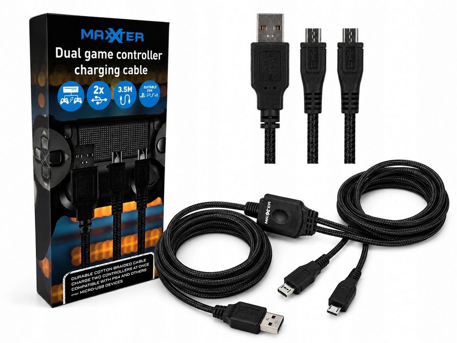Kabel do ładowania 2 padów PS4 Xbox One 3,5 m 2x Micro USB Oplot Dual