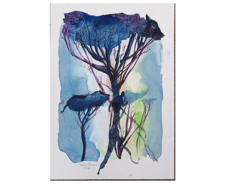 Aguarela original de Carlos Marques. Sombras no Bosque. Fantasia,