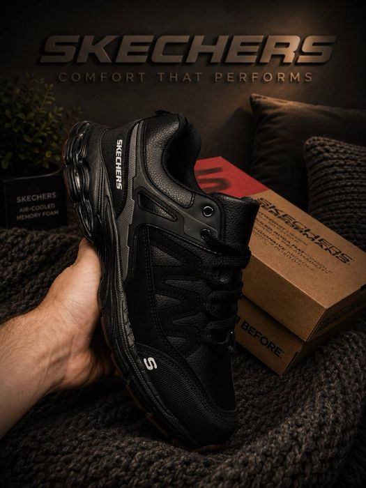 Осень 2026!! Мужские кросовки скетчерс кожаные ! Skechers черные ! Стильные мужские красовки на осень