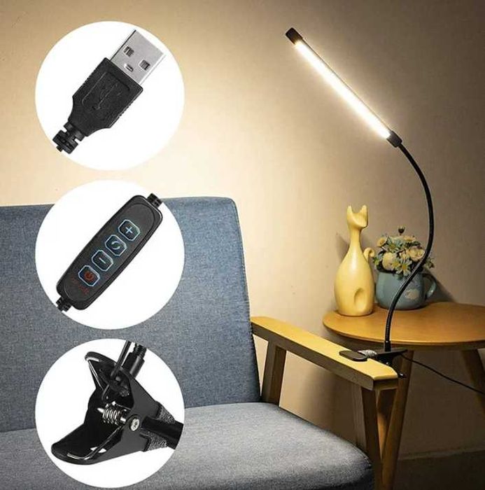 Настольная металлическая USB лампа на прищепке для блекаута