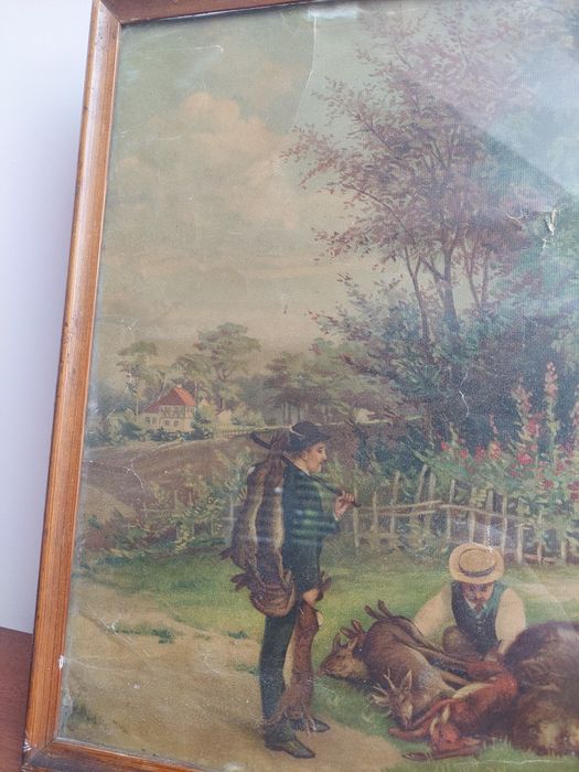 Przedwojenny oleodruk motyw myśliwski polowanie