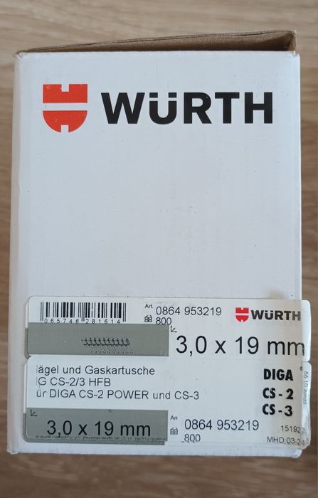 Gwoździarka, pistolet, ośadzak gazowy Würth Diga CS-3+gwozdzie