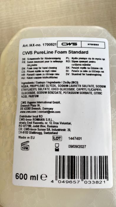 Mydło pieniące CWS PureLine Foam Standard 0.6 litra.