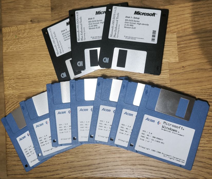 Microsoft Windows 3.0 na dyskietkach 3,5 cala HD, komplet z 1990 roku + MS-DOS, floppy disc, Acer