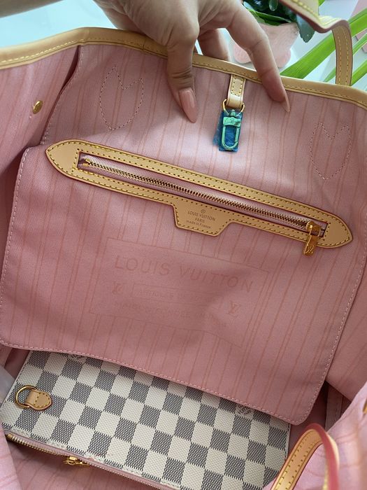 Torebka shopper LV Louis Vuitton Neverfull MM biala kratka różowy