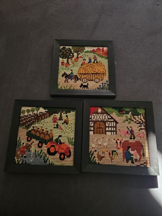 Unikatowe Obrazki Vintage 1980 Rękodzieło Haft Ścienne Retro PRL Rustykalne