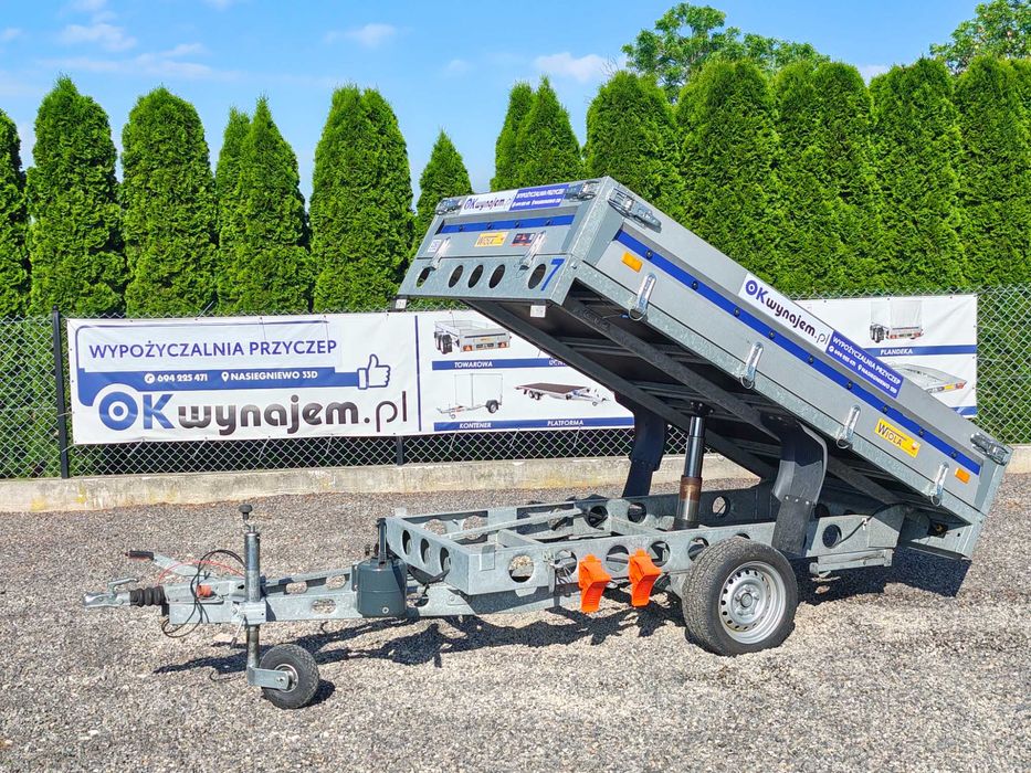 Wypożyczalnia Wynajem Przyczepa Kiper Wywrotka Ciężarowa Gruz Ziemia Kruszywo, Mocna 255 x 150 cm WIOLA DMC 1500kg Jednoosiowa Hamulec najazdowy