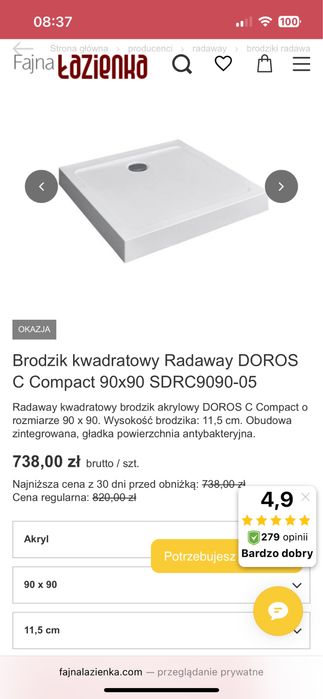Kabina scianki brodzik 90x90 prysznic