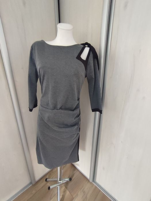 Sukienka damska szara z czarnymi wstawkami i kokardą, roz Xl