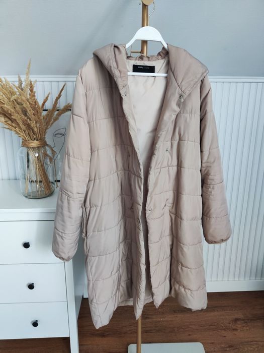 Sinsay | Beżowy pikowany płaszcz dwurzędowy damski z kapturem | XL 42