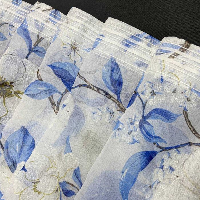Тюль батист під льон Magnolia білий з блакитним готовий на тасьмі 150–600 см (YH85-6)
