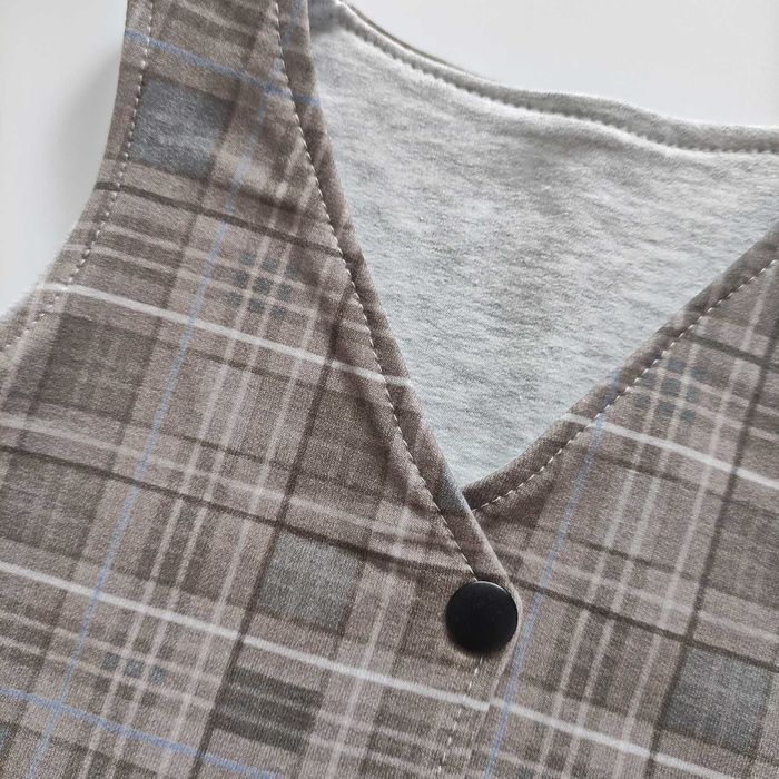 Elegancka KAMIZELKA garniturowa, brązowa krata chrzest ślub roczek 92