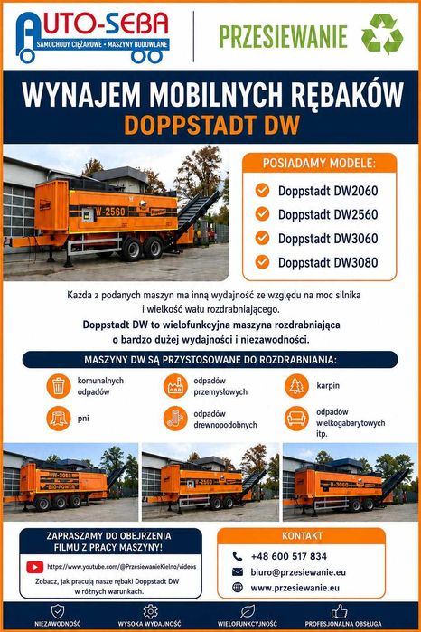Wynajem mobilnych rozdrabniaczy Doppstadt DW2060 | DW2560 | DW3060 | DW3080