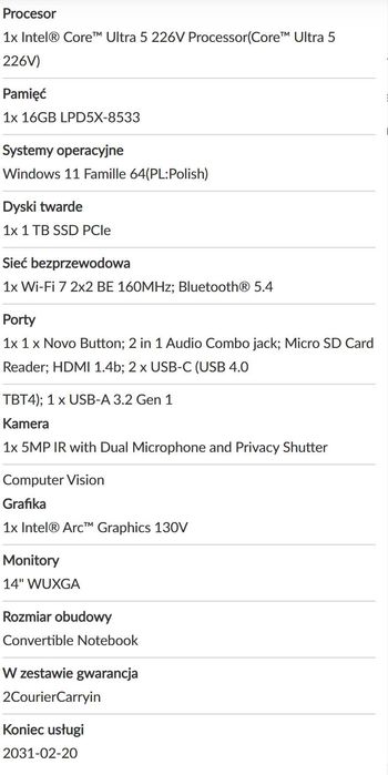 Laptop NOWY LENOVO Yoga 7 2-in-1 14ILL10 14" OLED Ultra 7