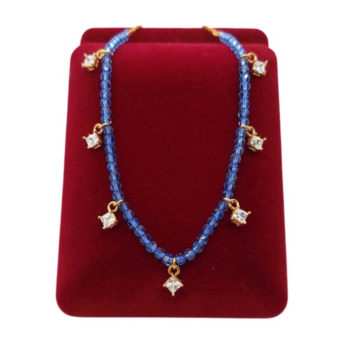 Złoty Naszyjnik Niebieskie Koraliki i Kryształki Pozłacana 18k Złotem