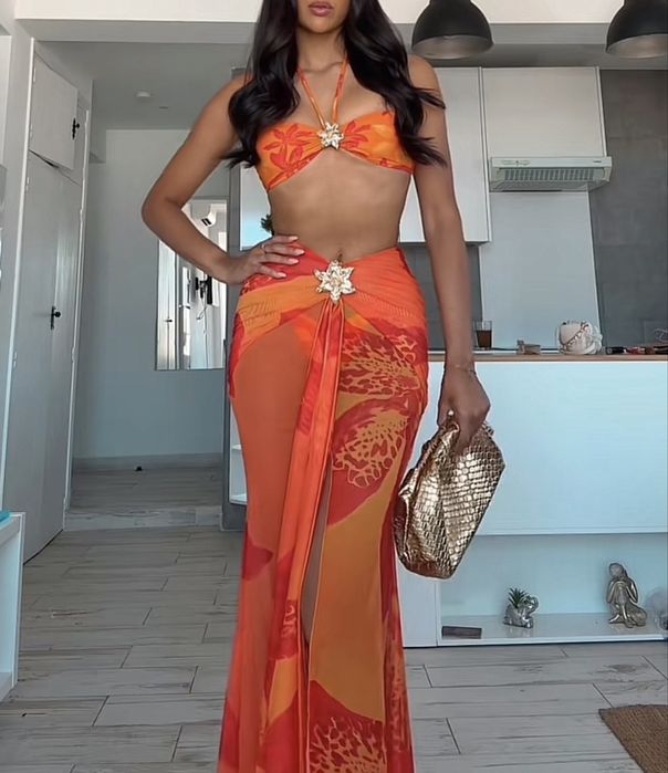 Помаранчевий комплект купальник юбка